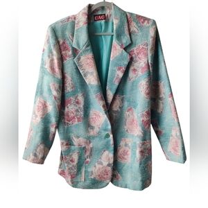 Vintage CAC Floral Blazer Pastel Teal Pink Roses 80s 90s Size Not Listed